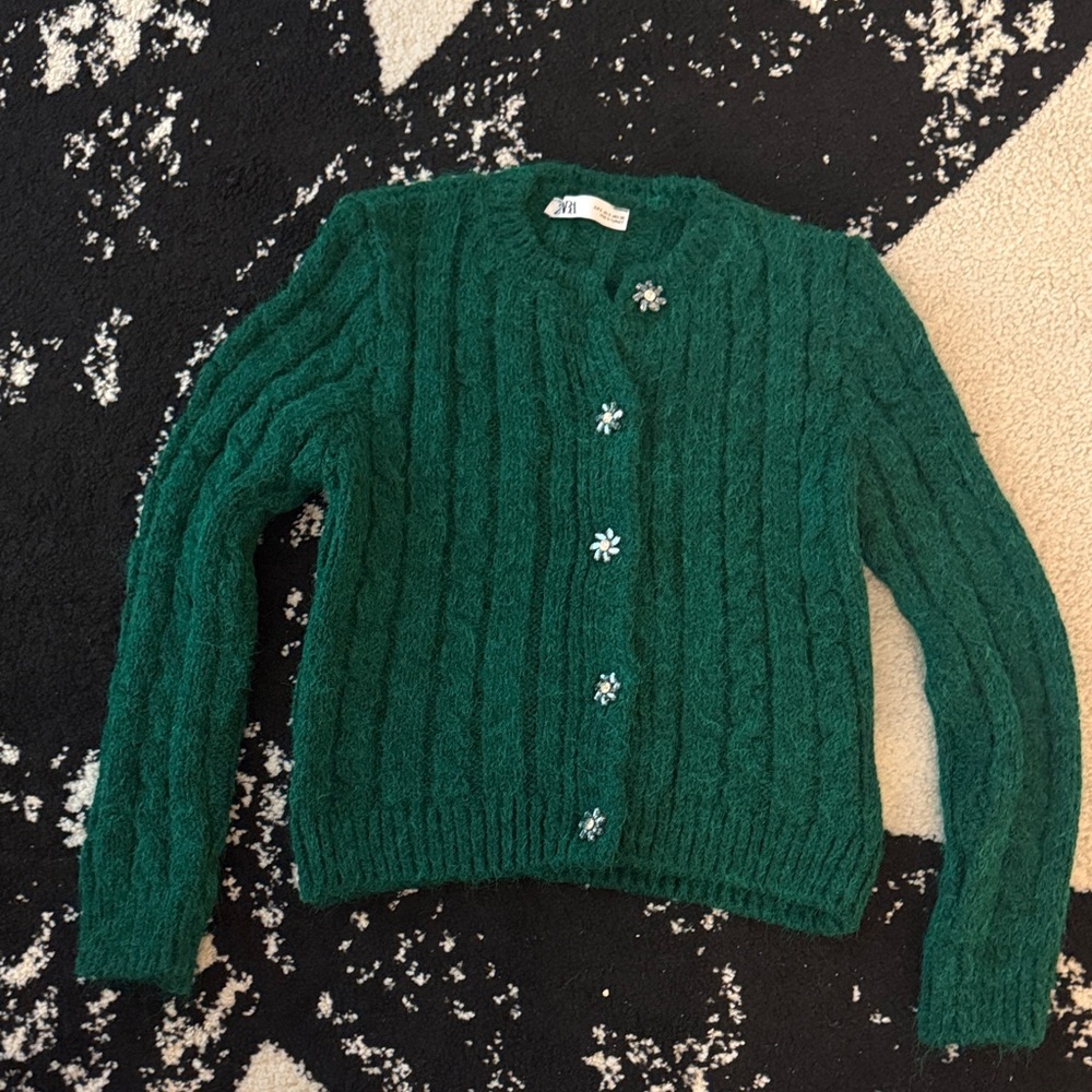 Zara Teal Cable Knit Cardigan with Floral Accents